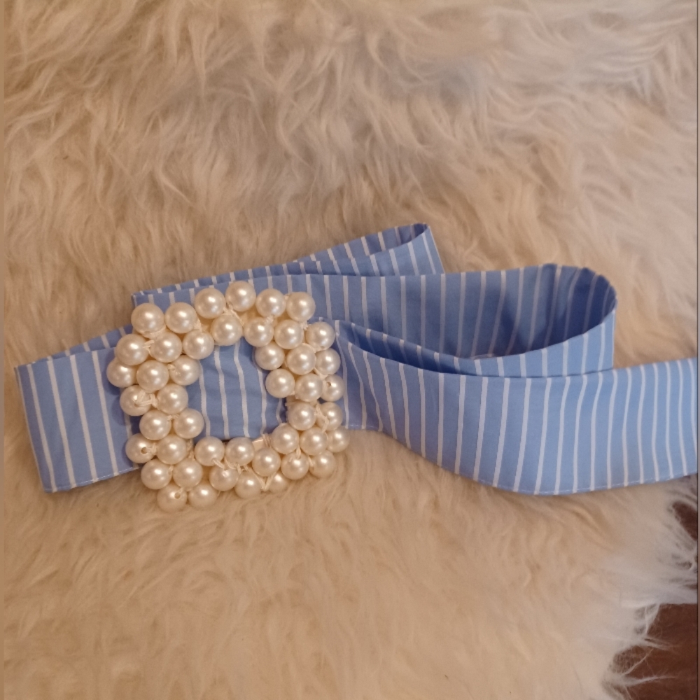 1 Left ! SALE ! Boho Preppy Blue Seer Sucker Striped Belt with Pearl Buckle